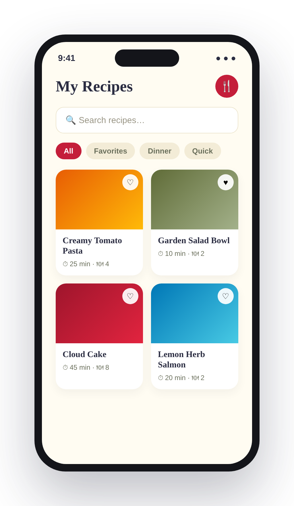 Saporify app showing a grid of saved recipes with cook times and favorites